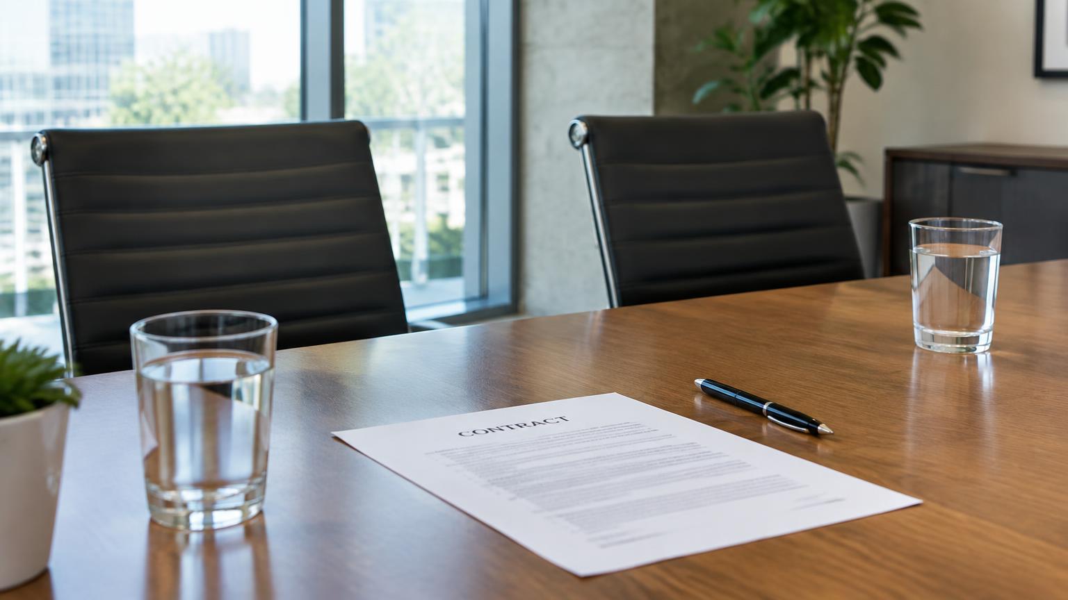 Empty meeting table with a printed contract, a pen and two glasses of water